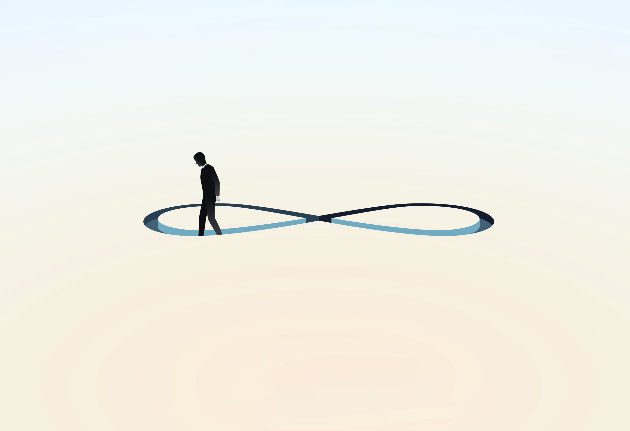 Zeitenwende | Man moves along an infinity symbol, businessman walks round in circles, metaphor of unsolvable problems, endless searches or being looped in routine, abstract depiction of business issues. Mann bewegt sich entlang eines Unendlichkeitssymbols, Geschäftsmann läuft im Kreis, Metapher für unlösbare Probleme, endloses Suchen oder sich in Routine verstricken, abstrakte Darstellung von Geschäftsproblemen.