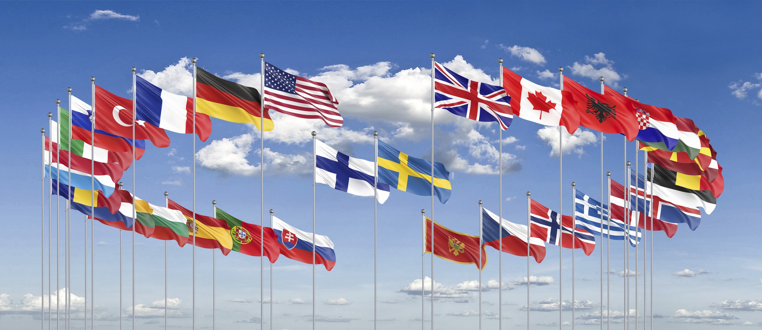 Flags of NATO - North Atlantic Treaty Organization, Sweden, Finland. - 3D illustration. Isolated on sky background. Flaggen der NATO - North Atlantic Treaty Organization, Schweden, Finnland. - 3D-Illustration. Isoliert auf Himmel Hintergrund.