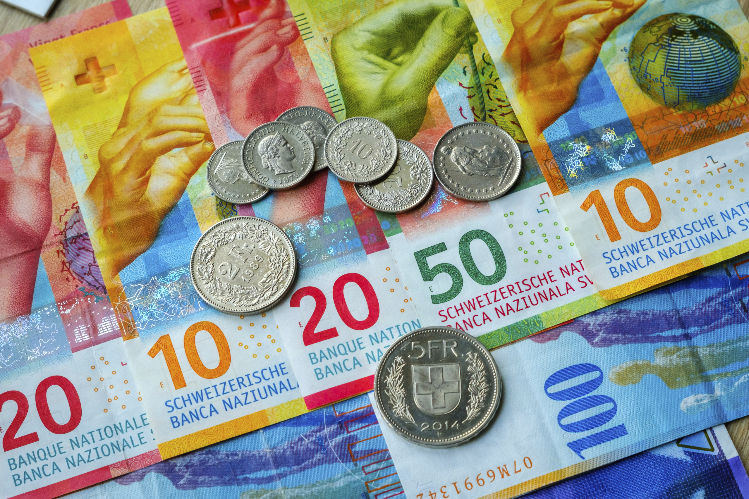 FrancSwiss money banknotes and coins