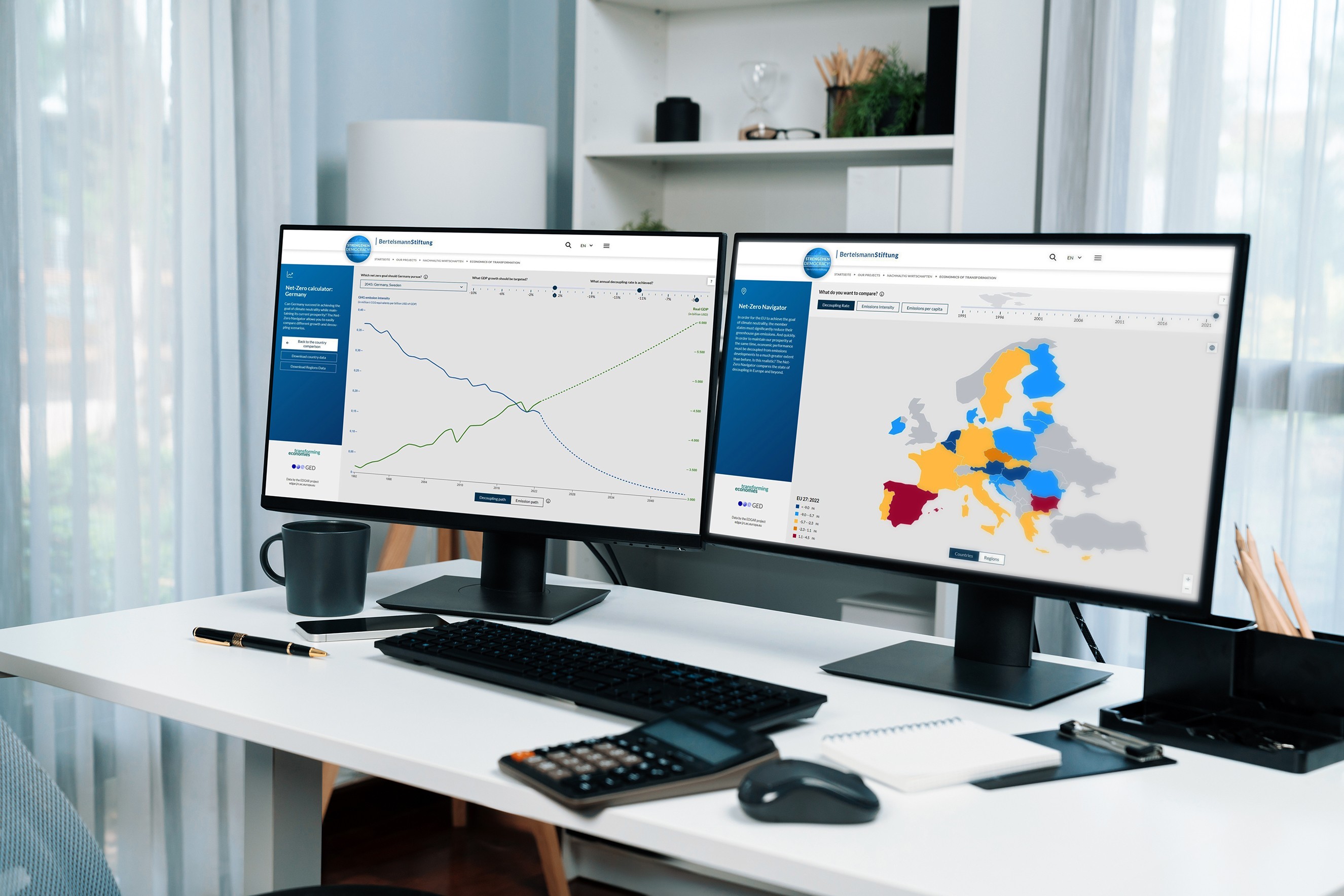 Two screens of dynamic stock market exchange graph showing computer. Infobahn.